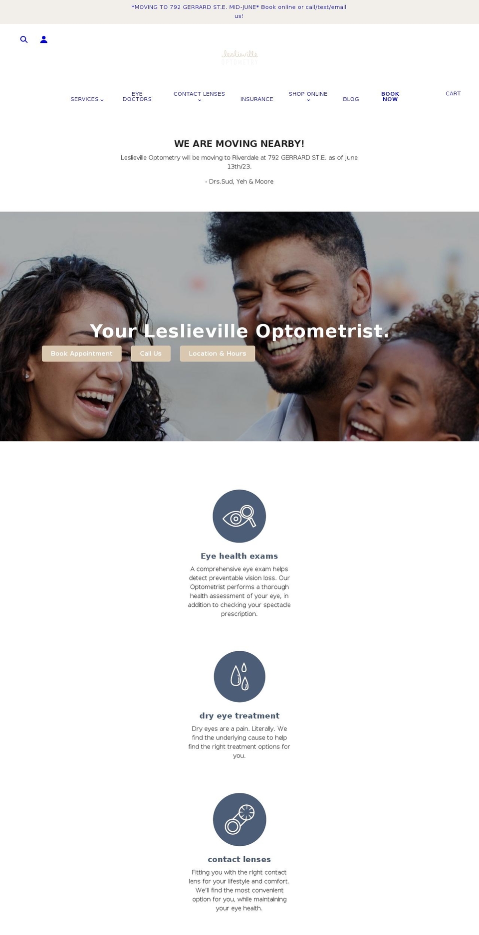 leslievilleoptometry.com shopify website screenshot