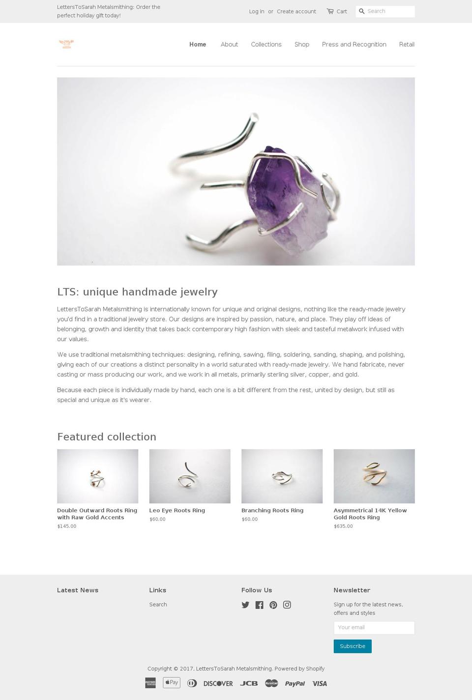 letterstosarahmetalsmithing.com shopify website screenshot