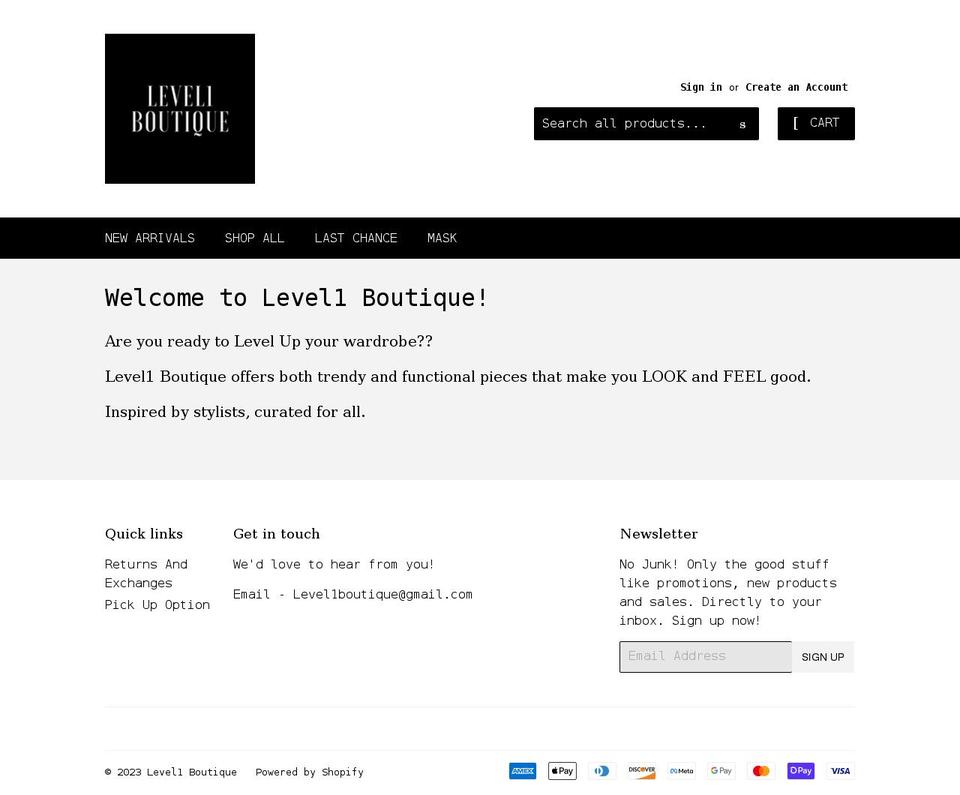 level1boutique.com shopify website screenshot