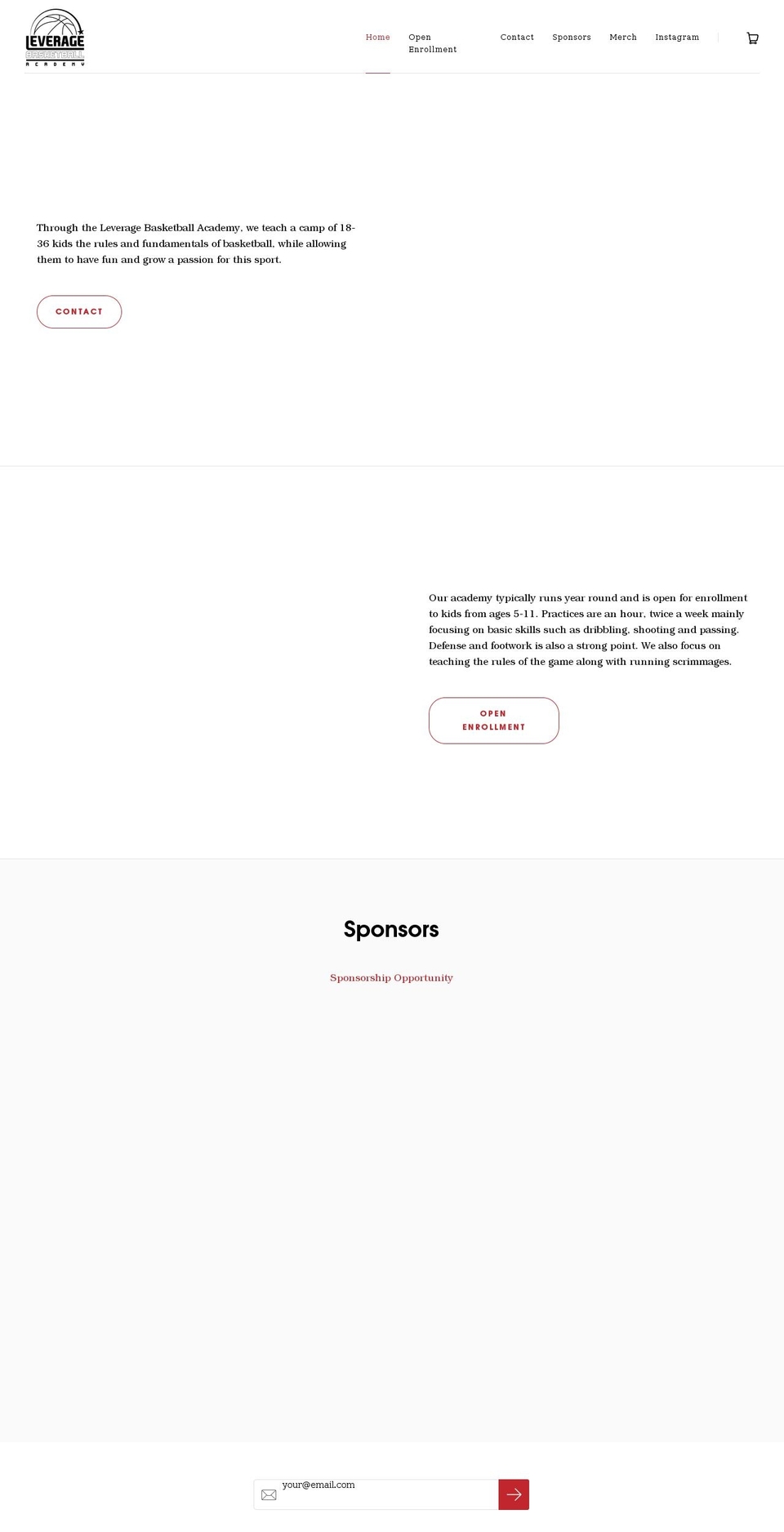 leveragebasketballacademy.com shopify website screenshot