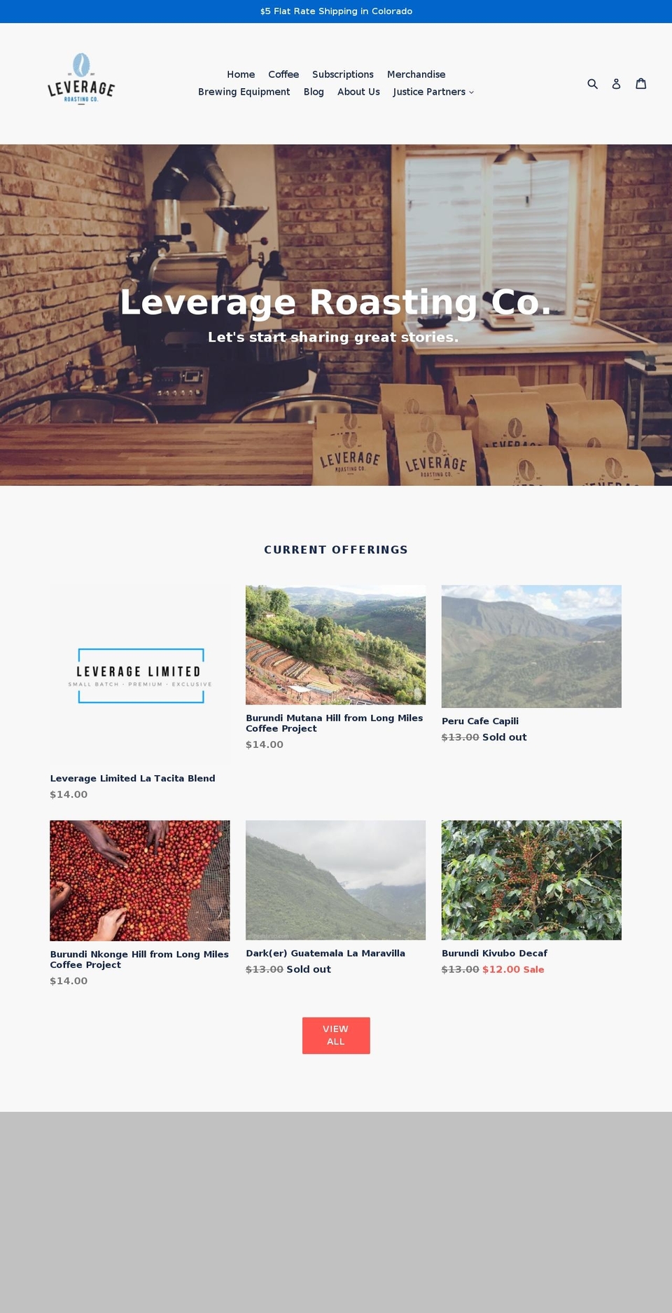 leverageroasting.com — Shopify storefront screenshot