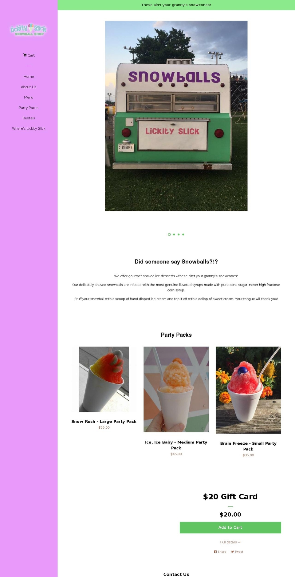 lickityslicksnowballshop.com — Shopify storefront screenshot