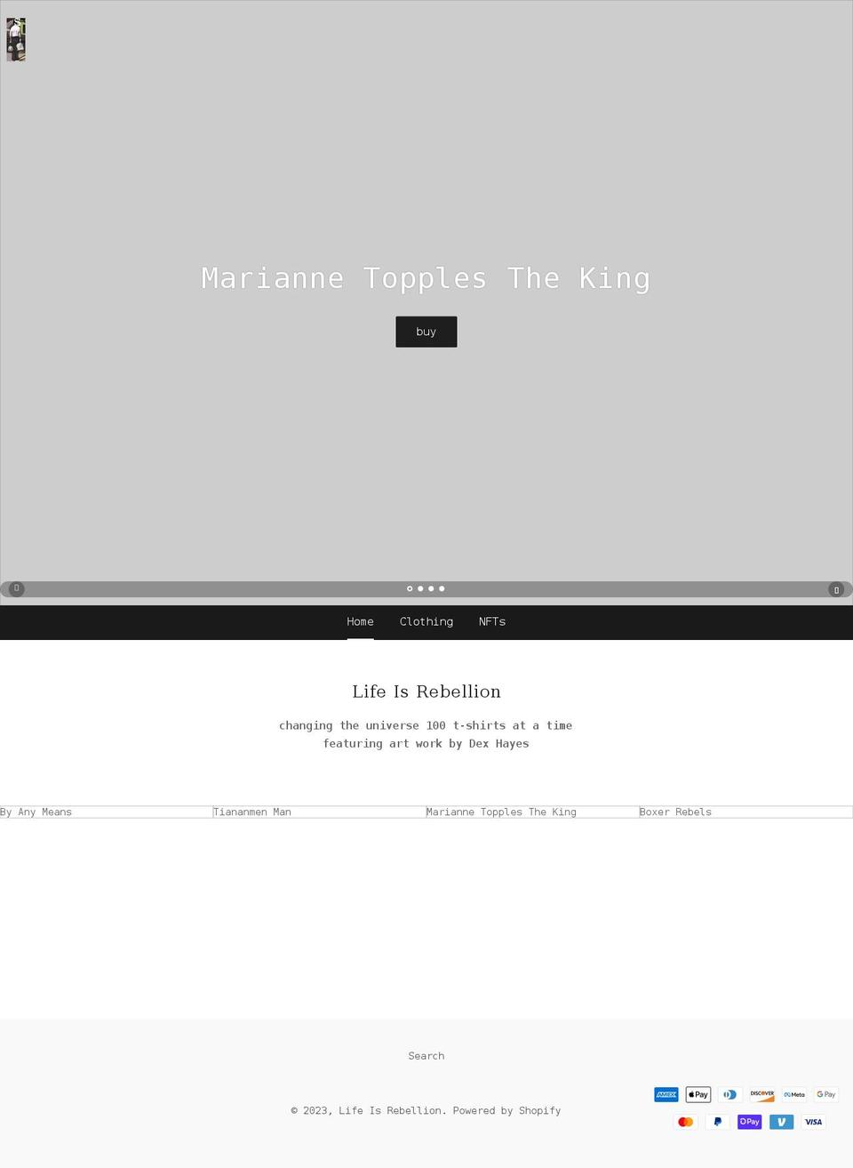 lifeisrebellion.com shopify website screenshot