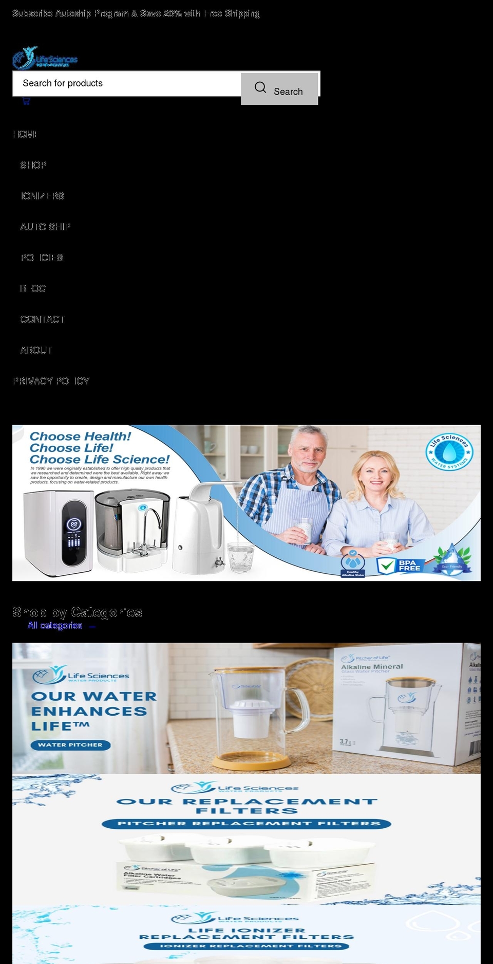 lifescienceswater.com shopify website screenshot