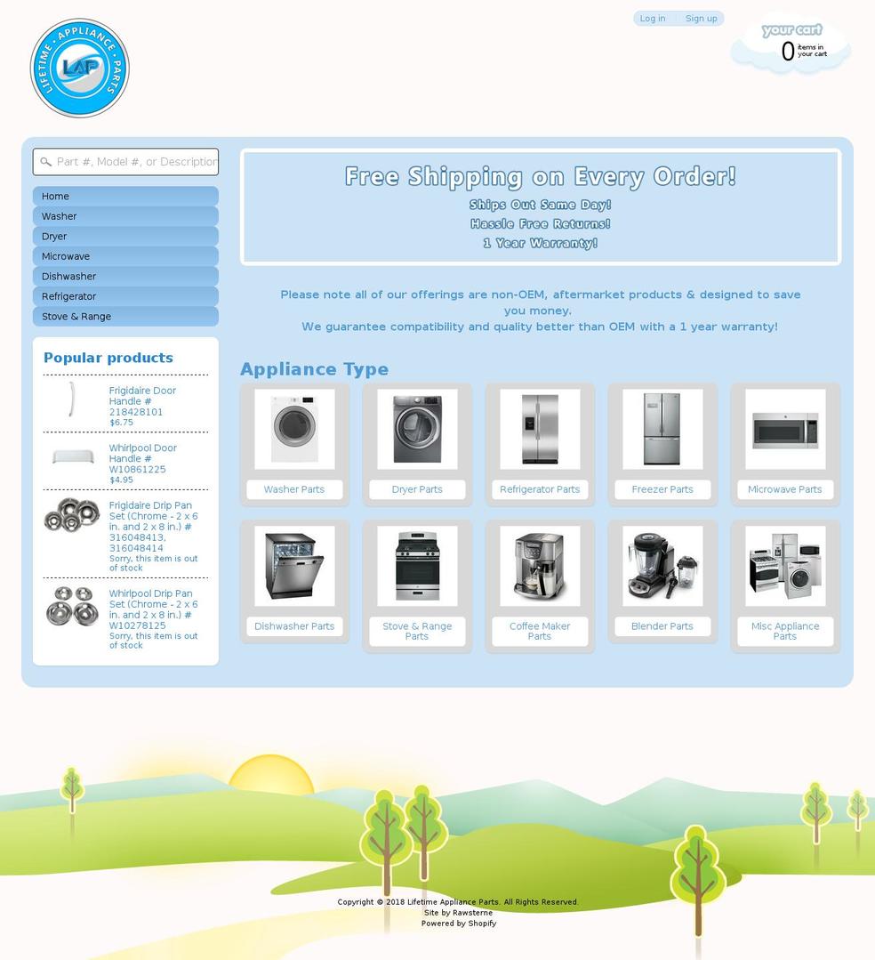 lifetimeapplianceparts.com — Shopify storefront screenshot