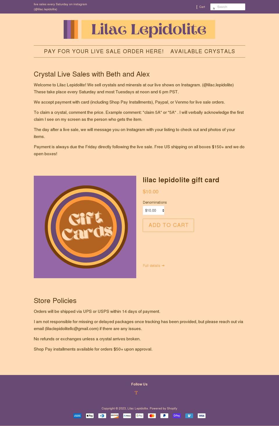 lilaclepidolite.com shopify website screenshot