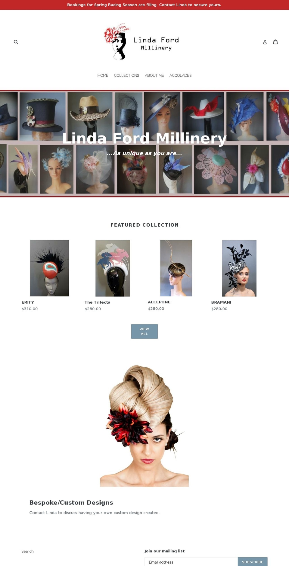 lindafordmillinery.com — Shopify storefront screenshot