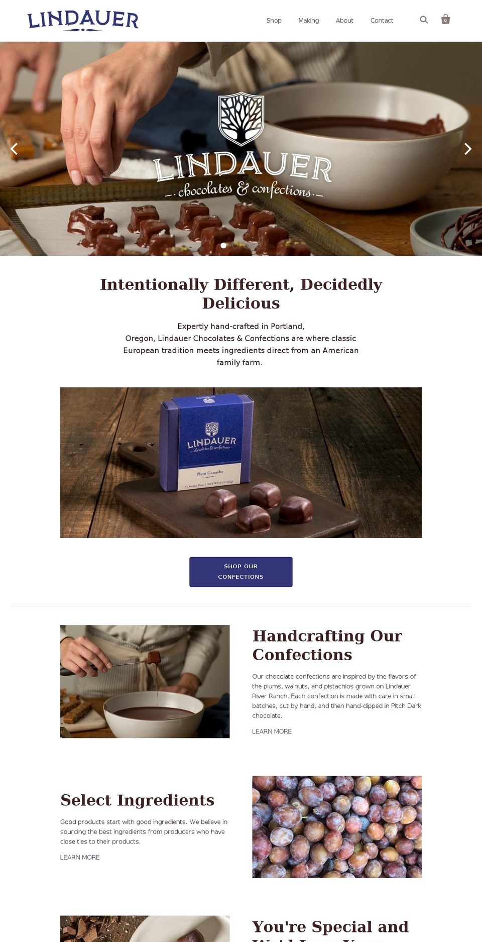 lindauerconfections.com shopify website screenshot