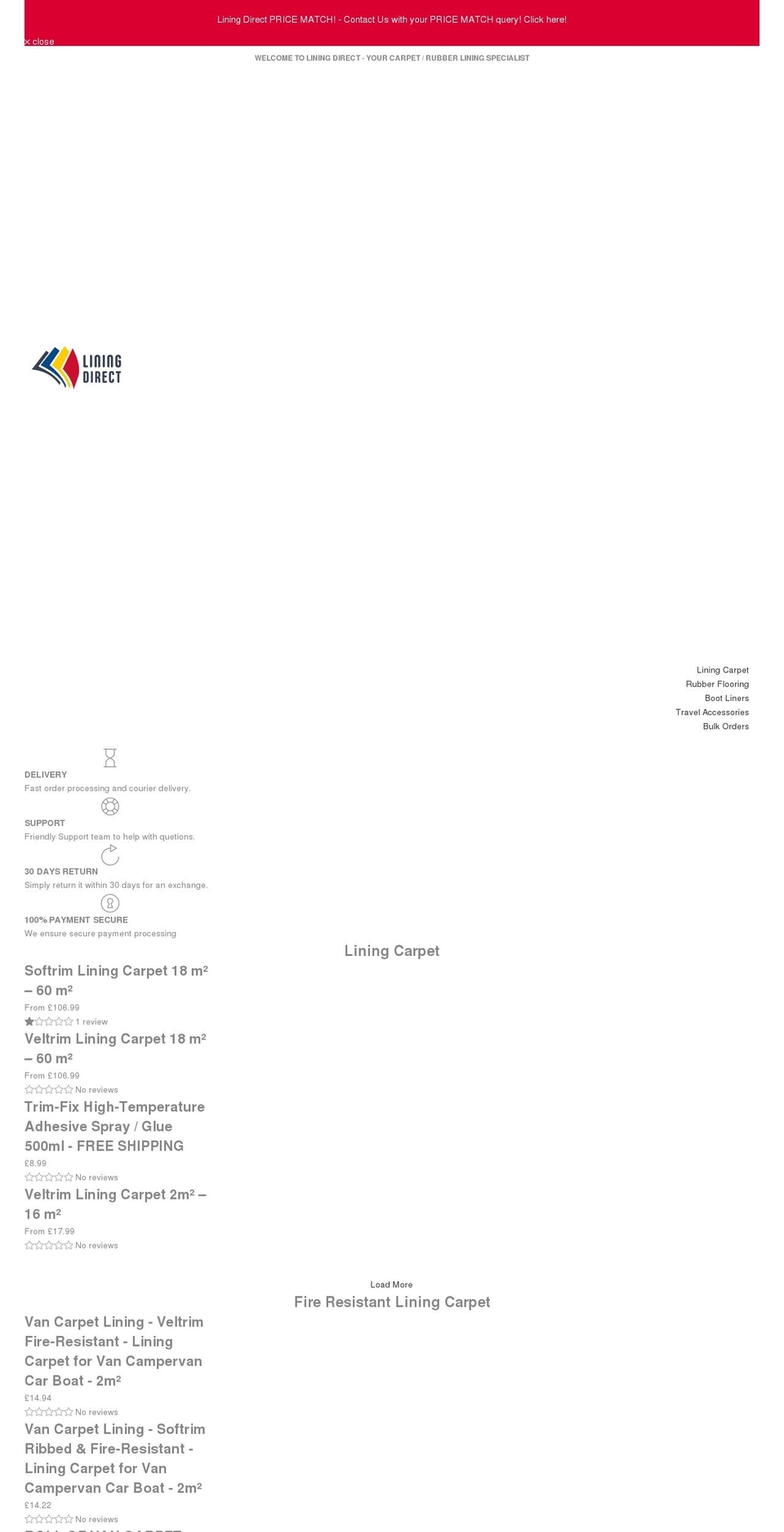 liningdirect.com shopify website screenshot