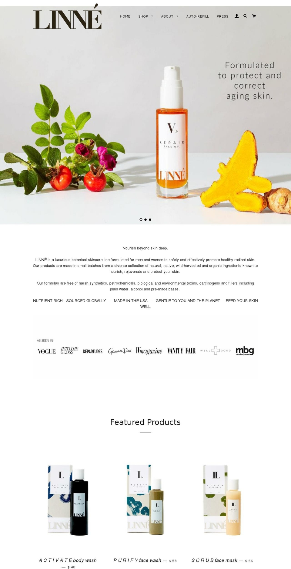 linnebotanicals.com shopify website screenshot