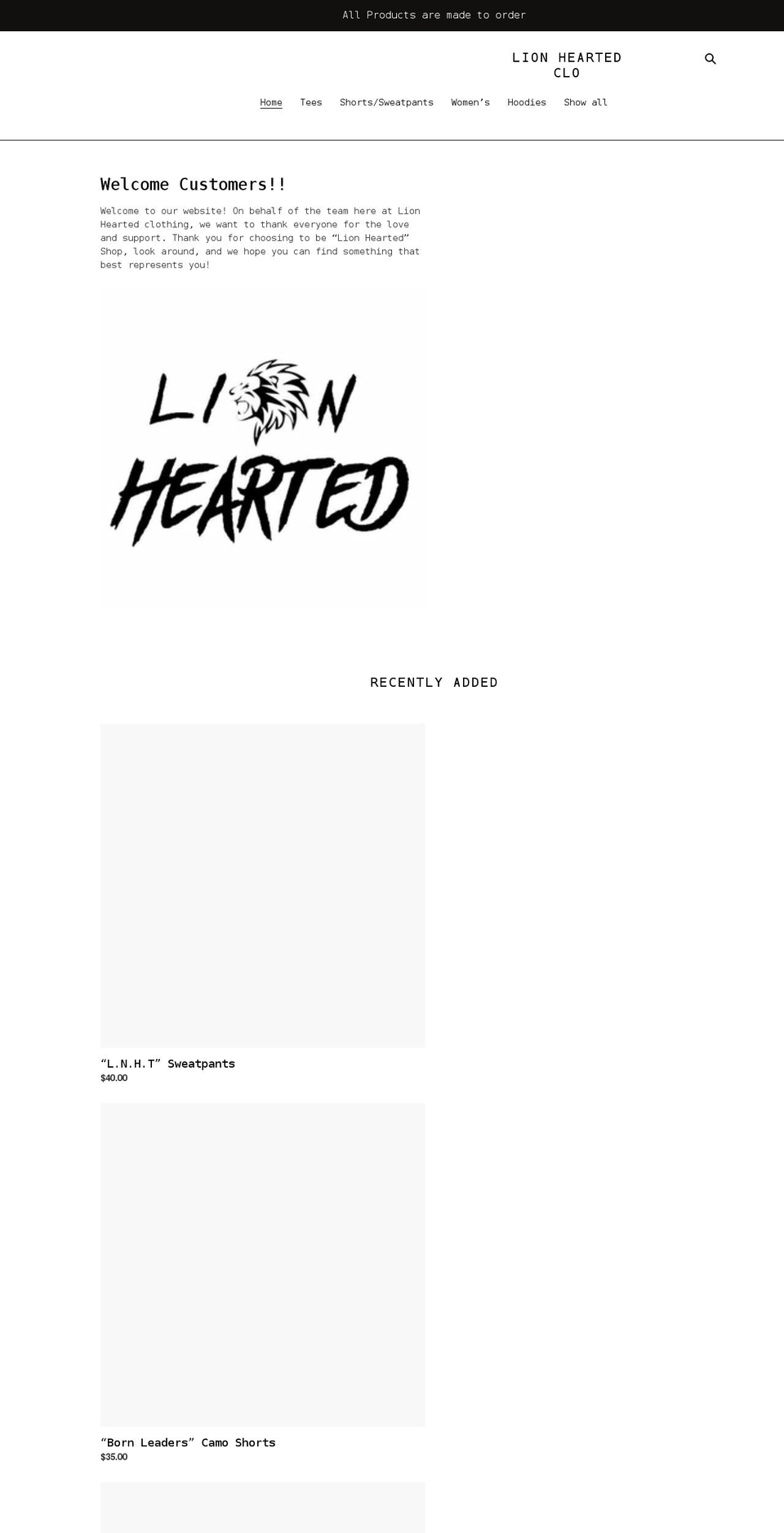 lionheartedclo.com shopify website screenshot