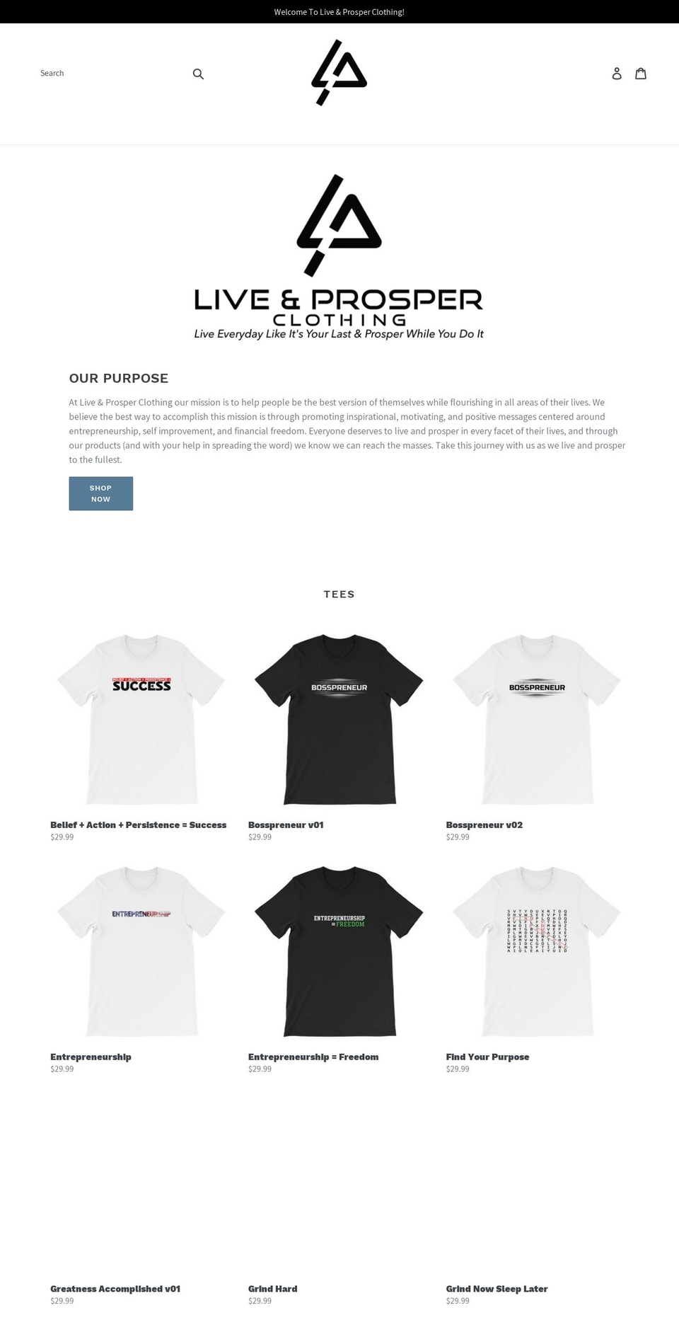 liveandprosperclothing.com — Shopify storefront screenshot