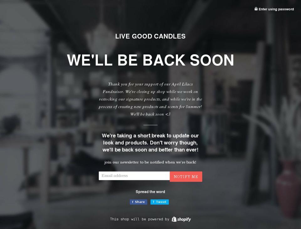 livegoodcandles.com shopify website screenshot