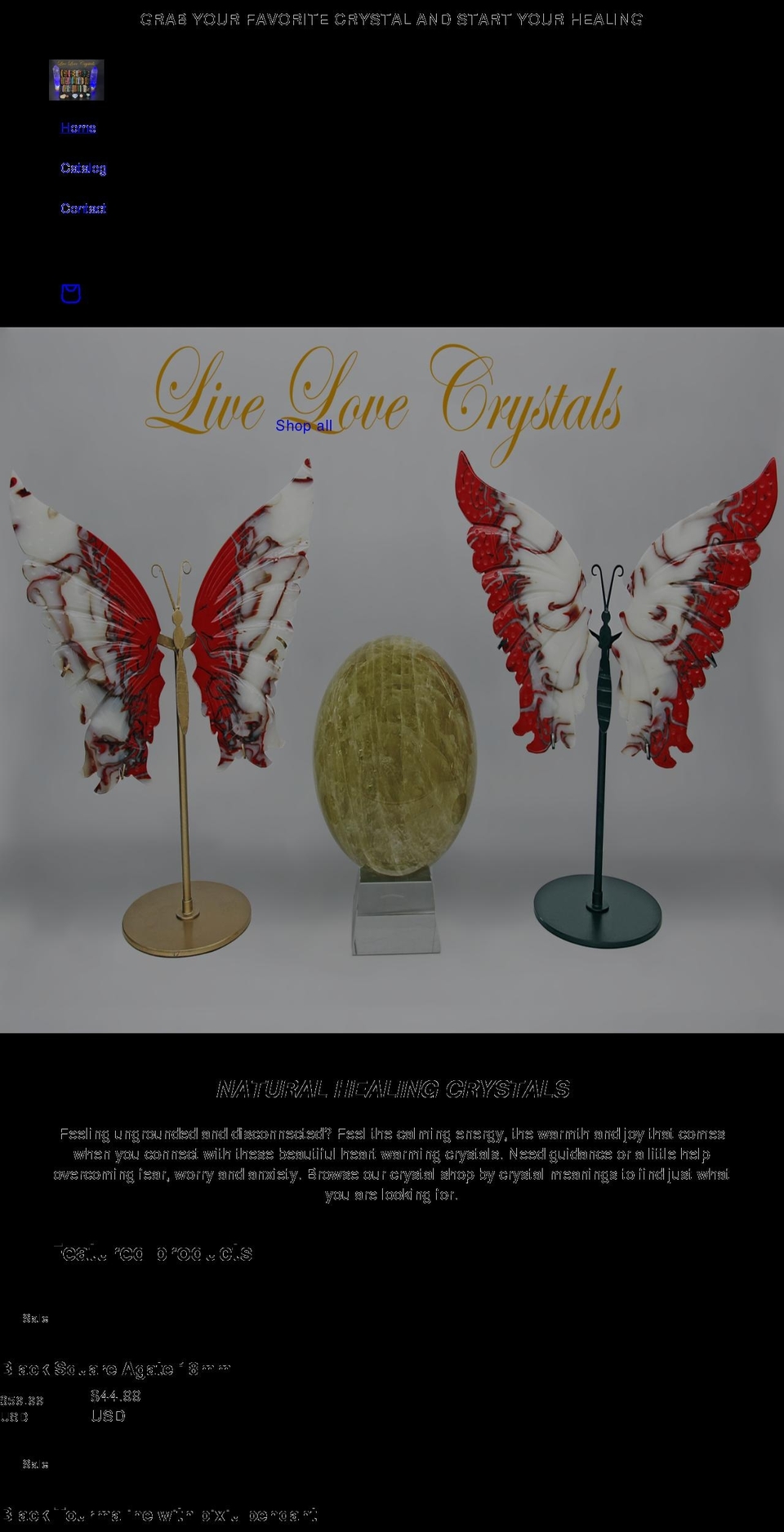 livelovecrystals.com shopify website screenshot