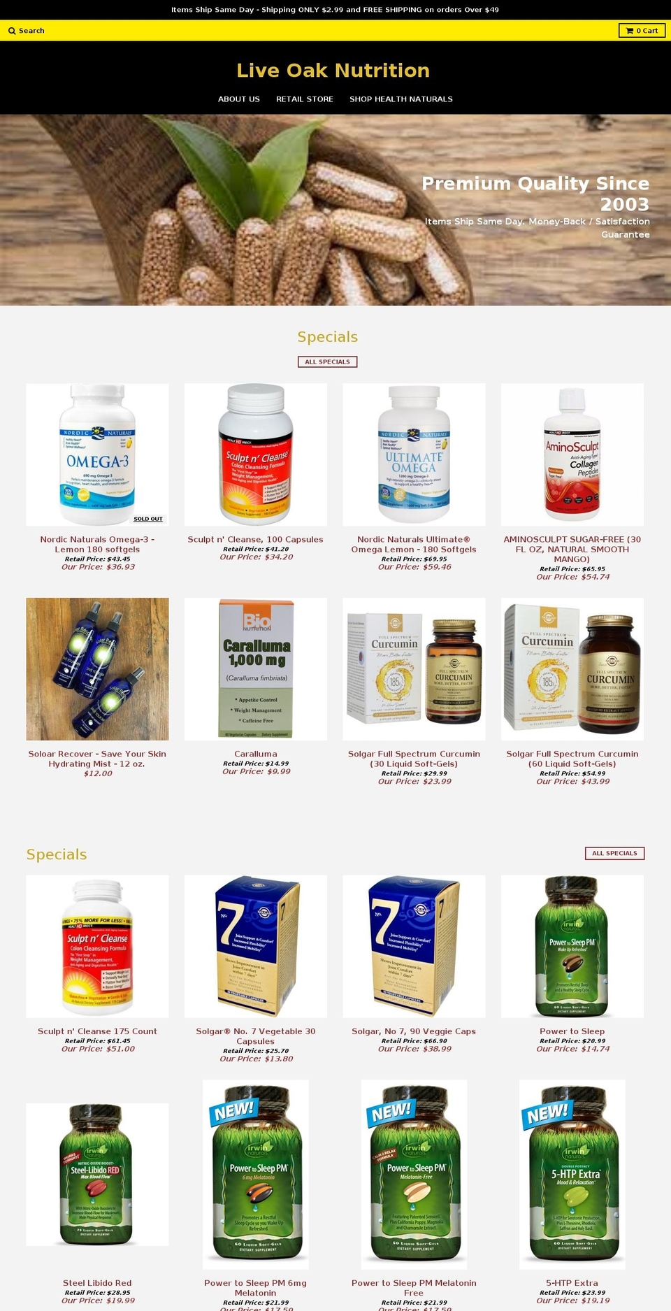 liveoaknutrition.com shopify website screenshot