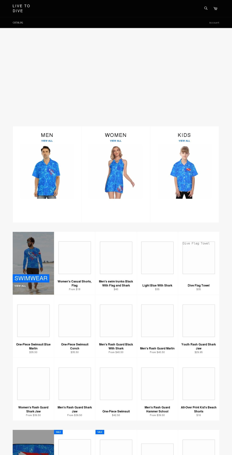 livetodiveapparel.com shopify website screenshot