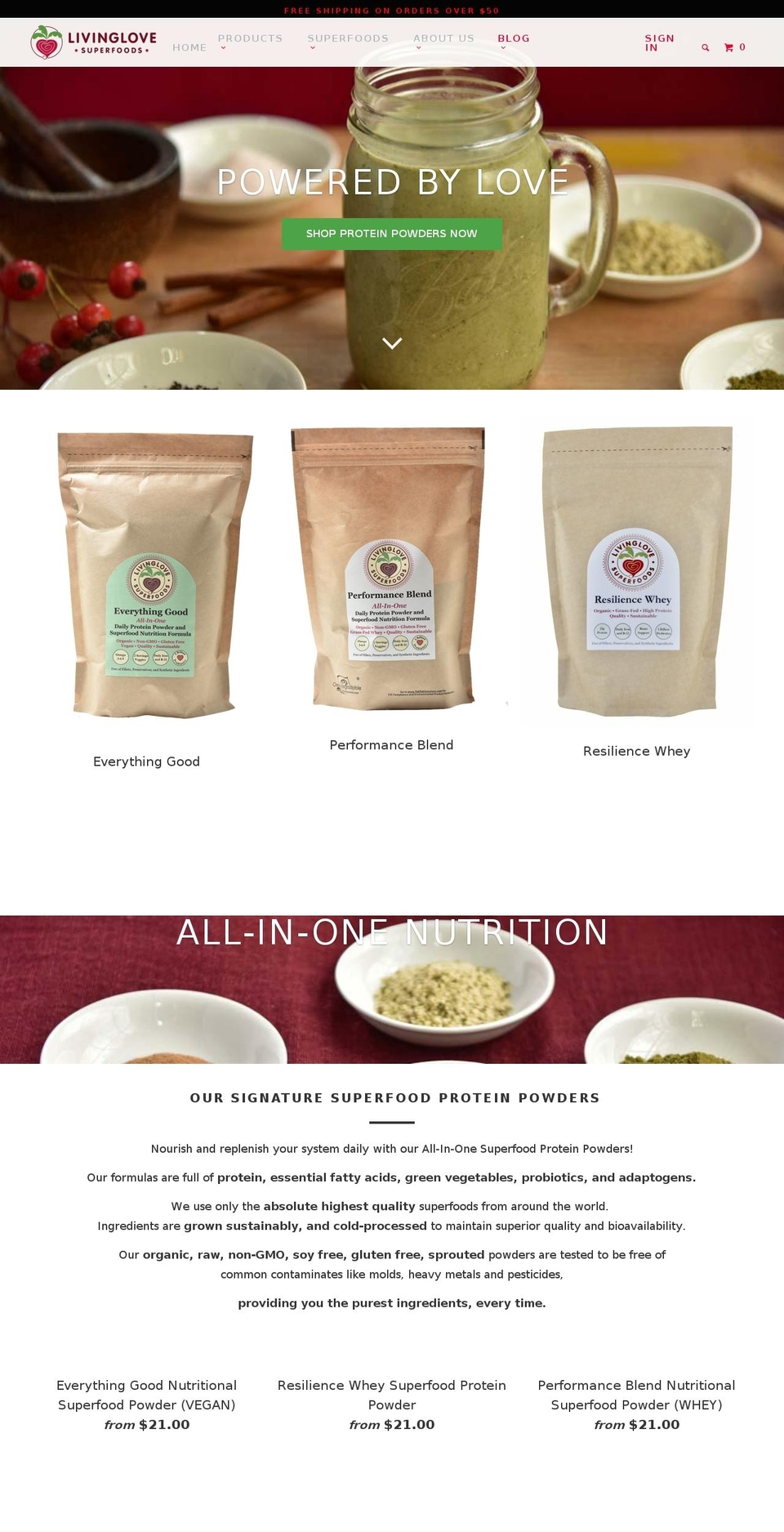 livinglovesuperfood.com — Shopify storefront screenshot