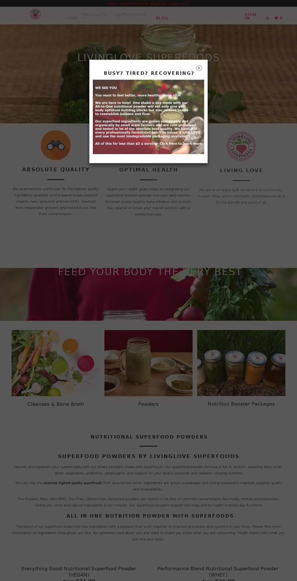 livinglovesuperfoods.com shopify website screenshot