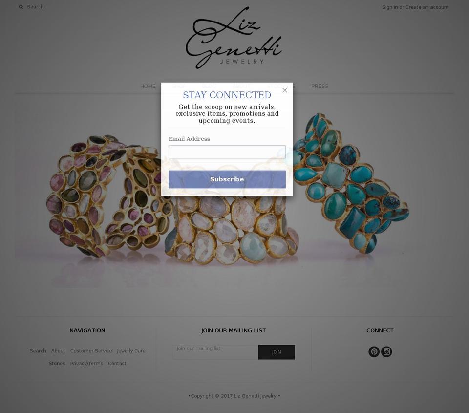 lizgenettijewelry.com shopify website screenshot