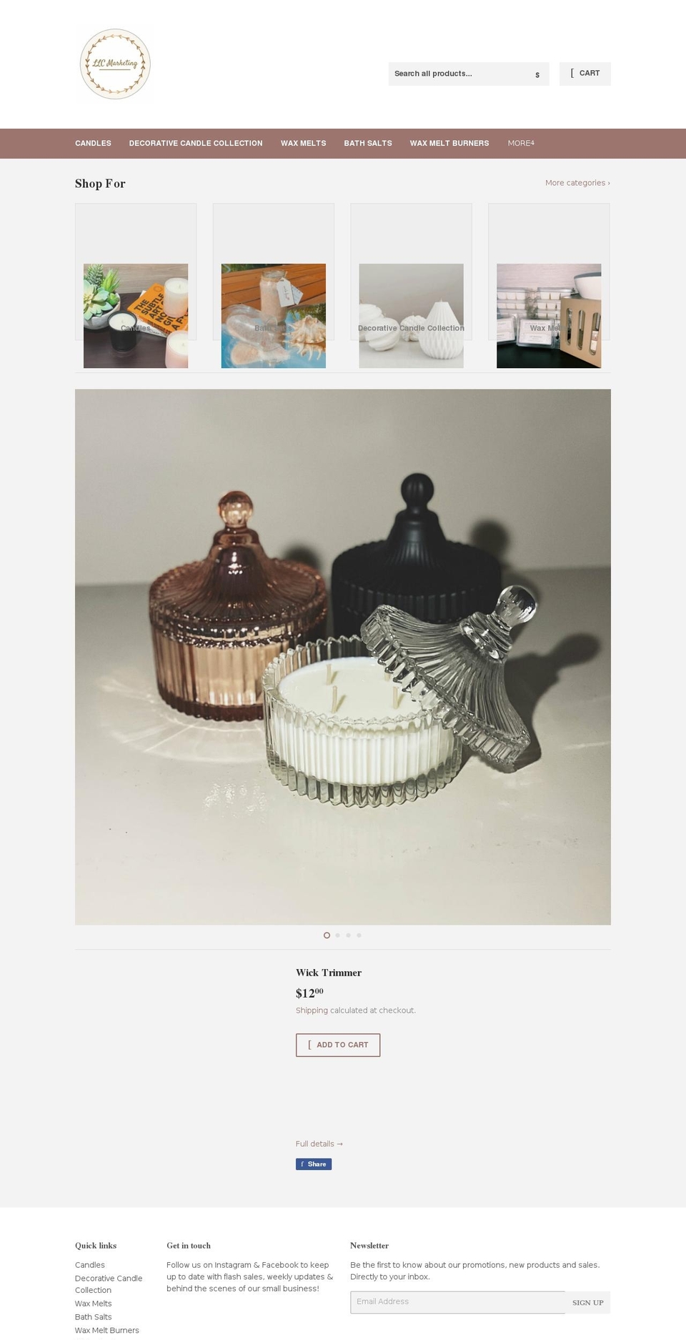 llcmarketingcandlesandmelts.com shopify website screenshot