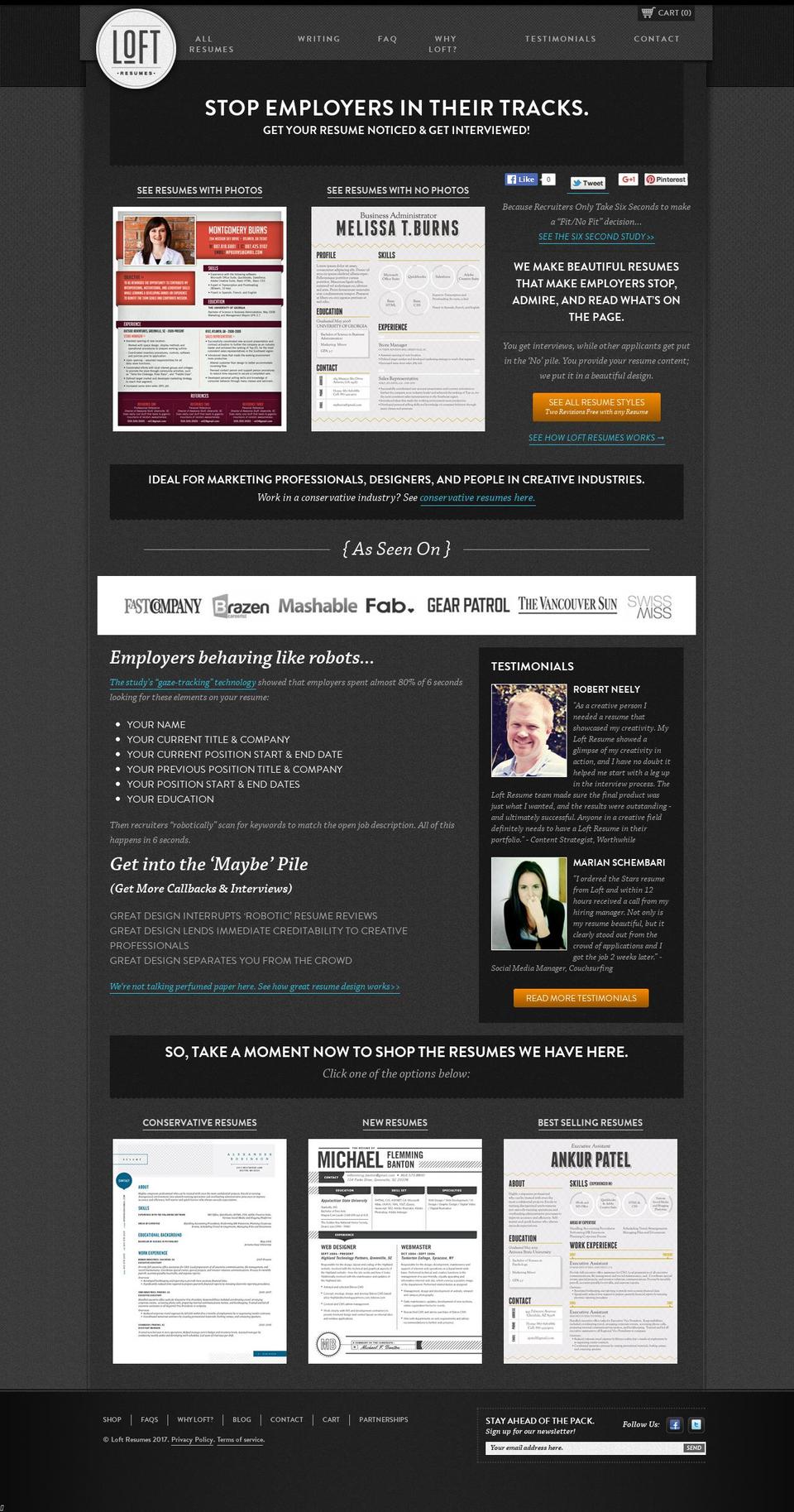 loftresume.com shopify website screenshot