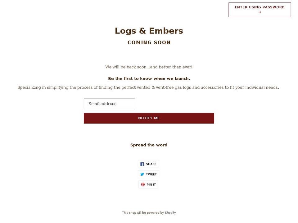 logsandembers.com shopify website screenshot