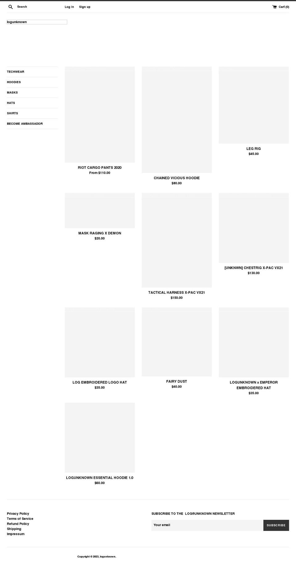 logunknown.com shopify website screenshot