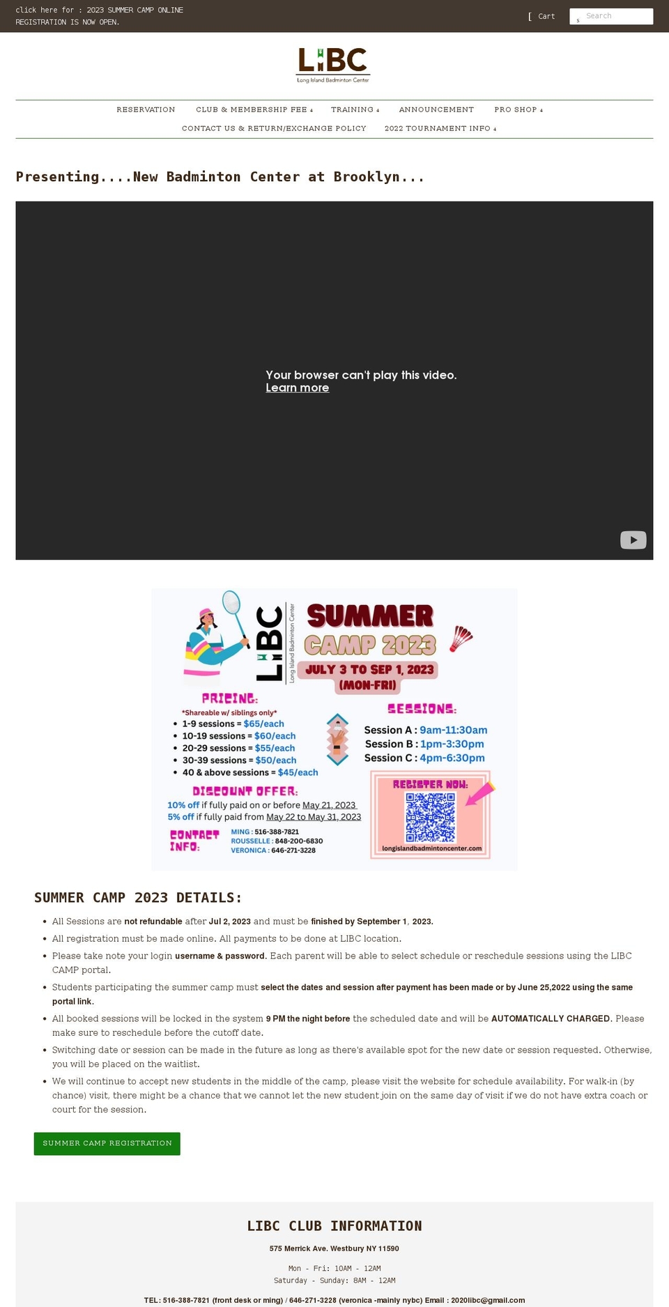 longislandbadmintoncenter.com shopify website screenshot