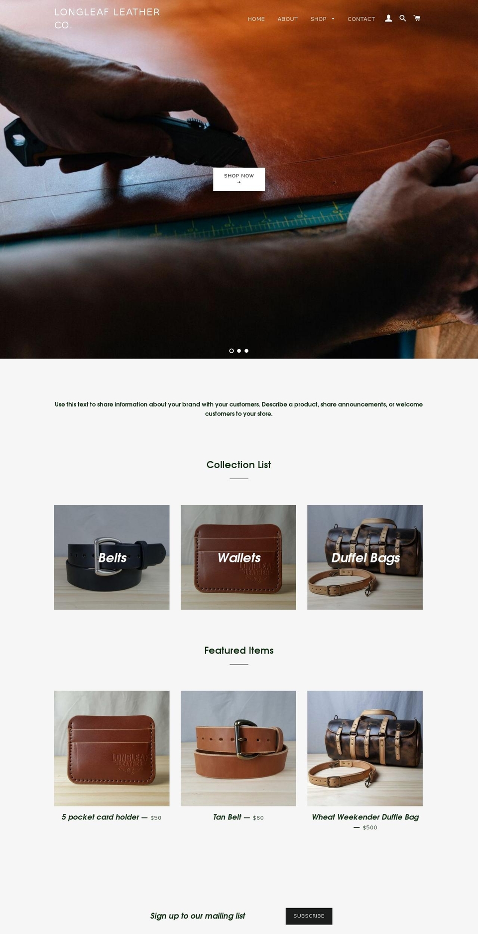 longleafleatherco.com shopify website screenshot