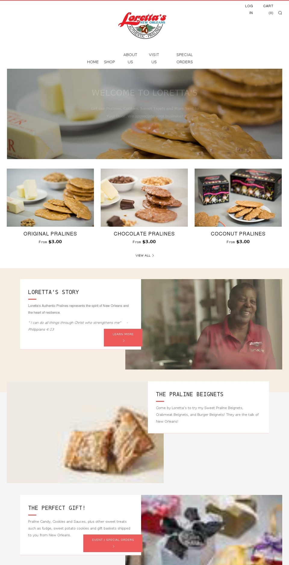 lorettaspralines.com — Shopify storefront screenshot