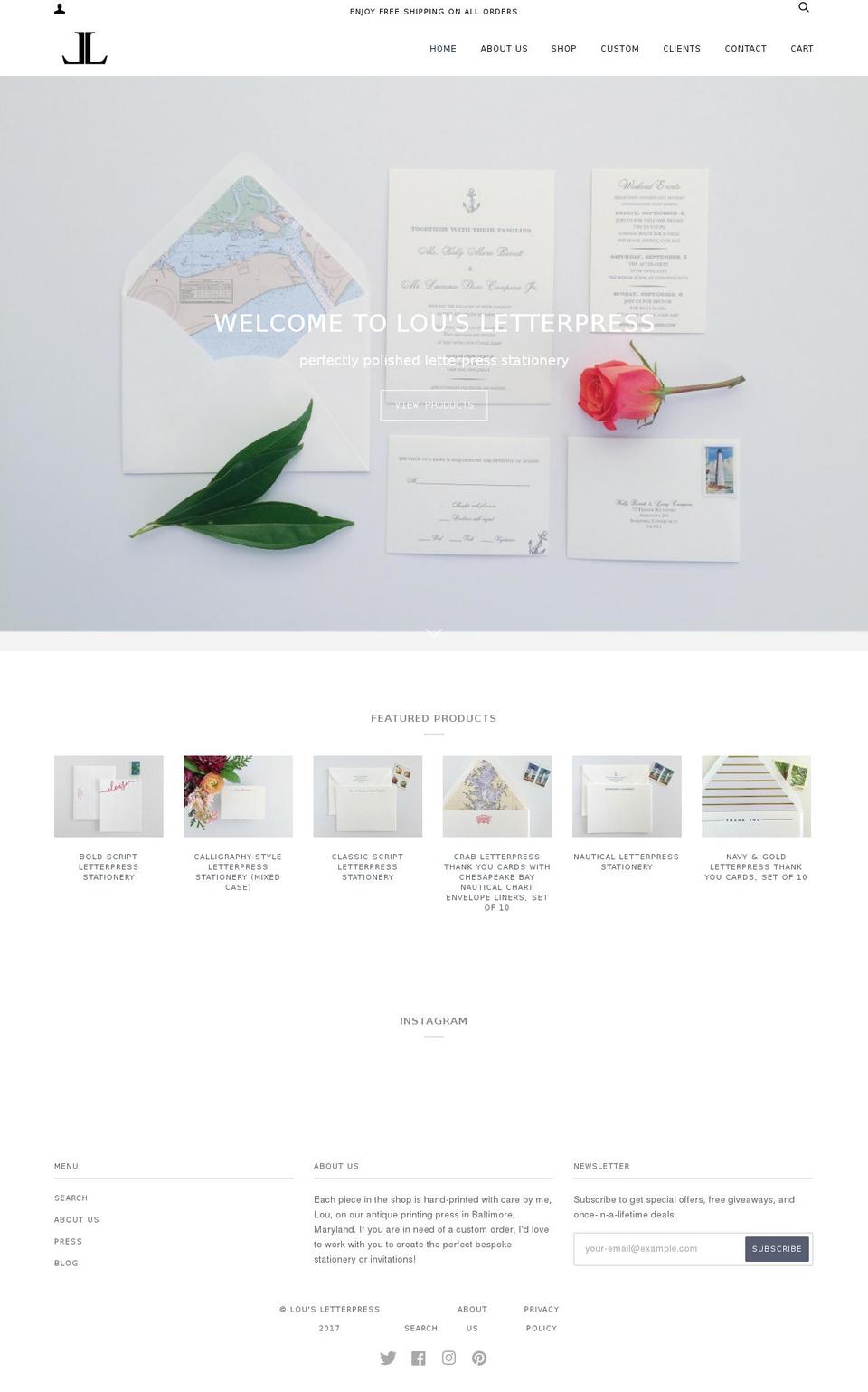 lousletterpress.com shopify website screenshot