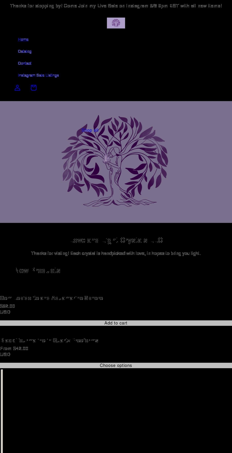 loveandlightcrystals.net shopify website screenshot