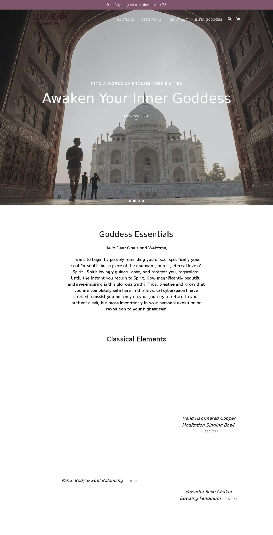 loveandtoadsessentials.com — Shopify storefront screenshot