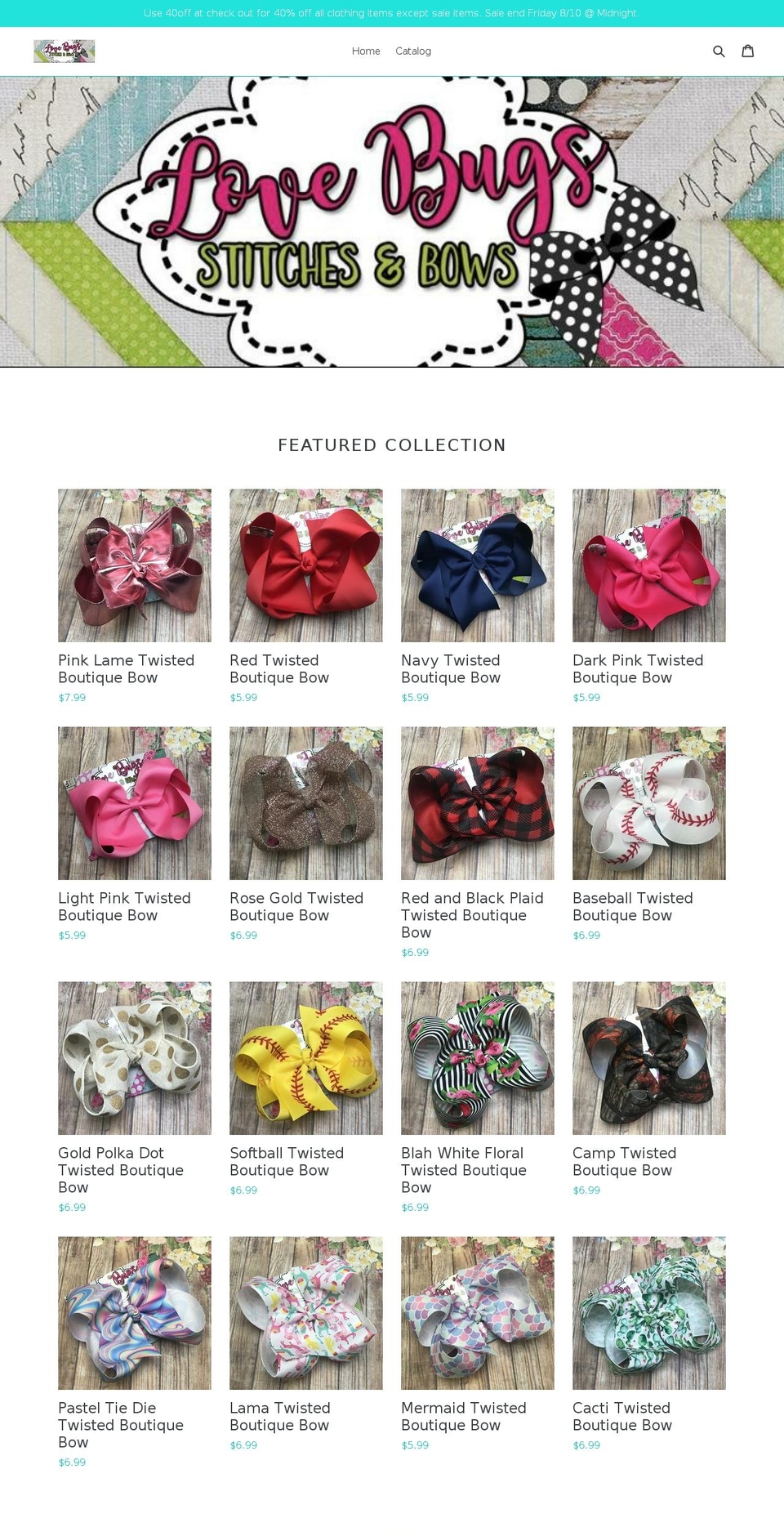 lovebugsstitchesandbows.com — Shopify storefront screenshot