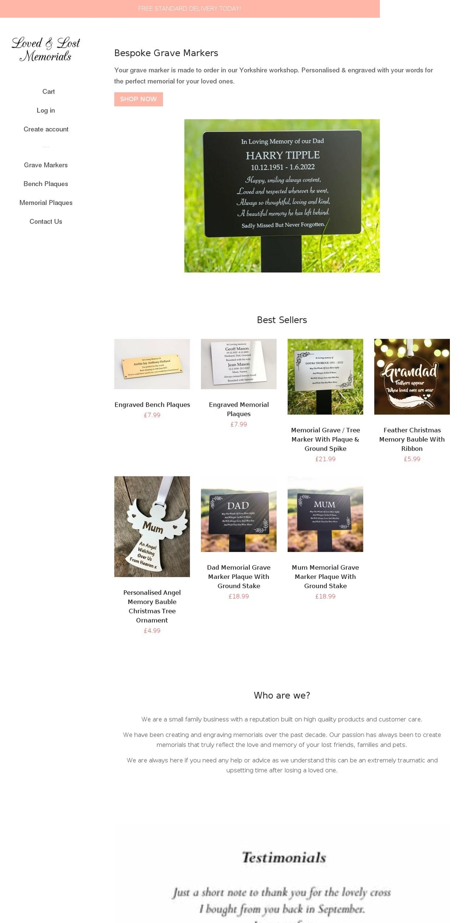 lovedandlostmemorials.co.uk shopify website screenshot
