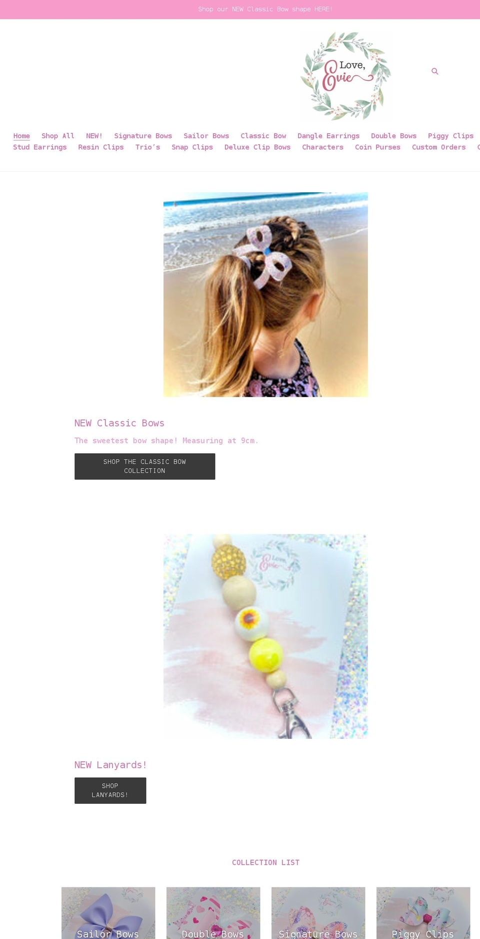 loveeviebows.com shopify website screenshot