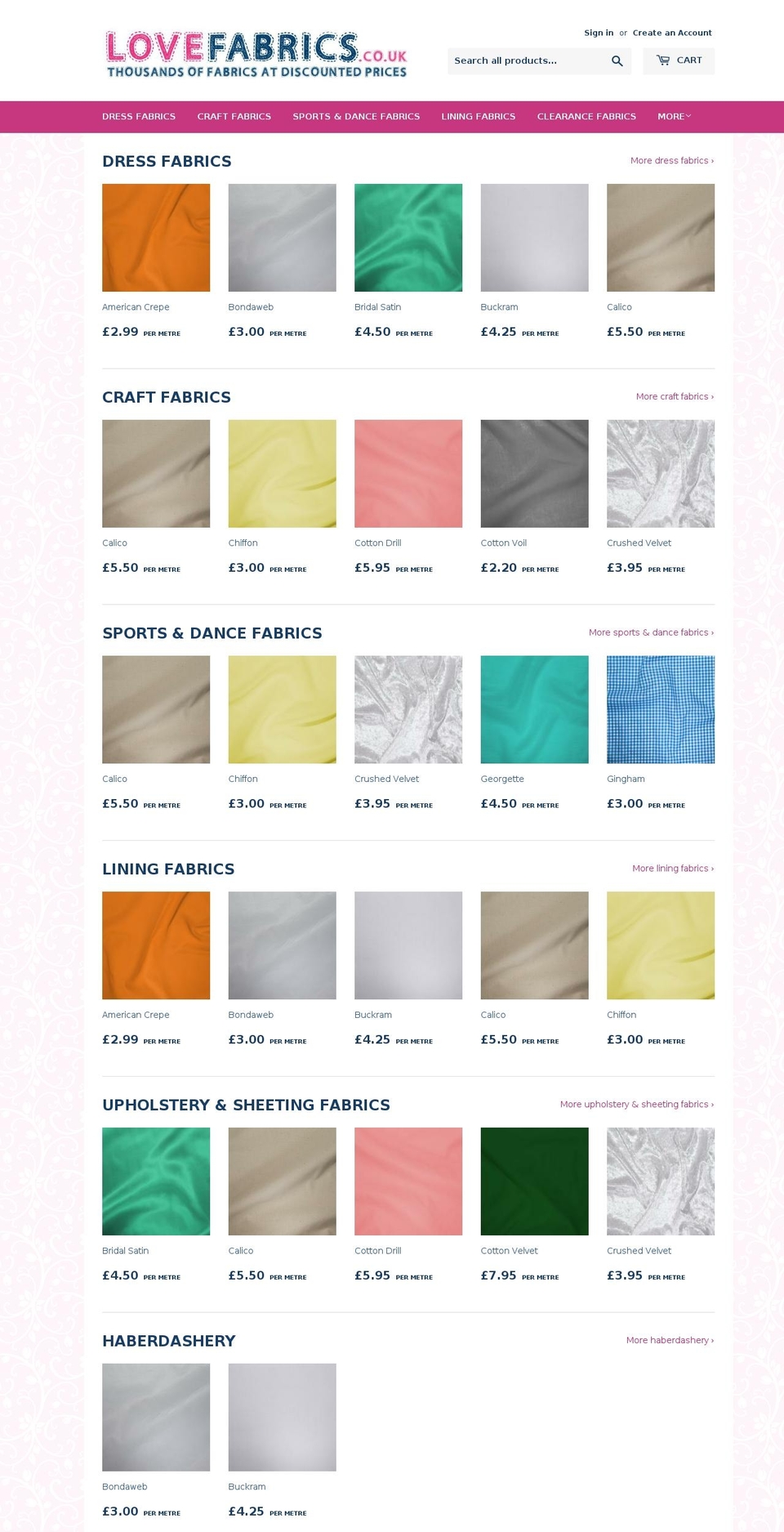 lovefabrics.com — Shopify storefront screenshot