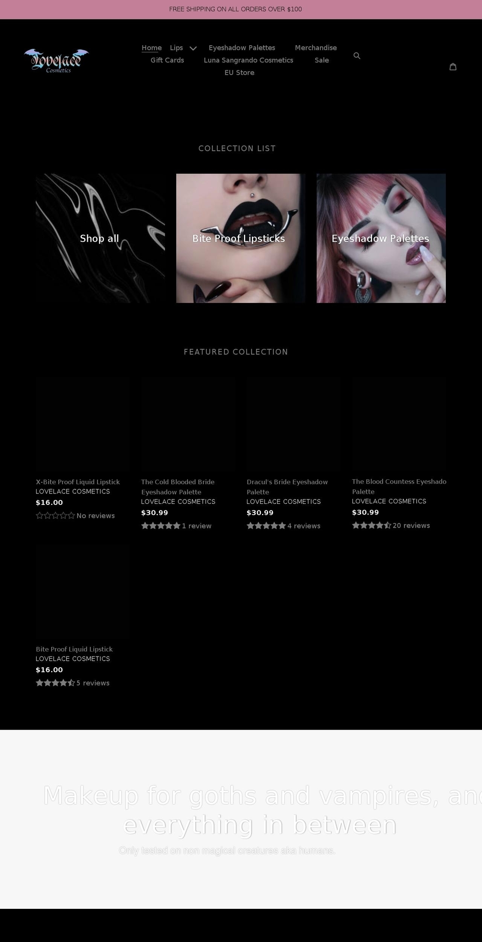 lovelacecosmetics.com shopify website screenshot