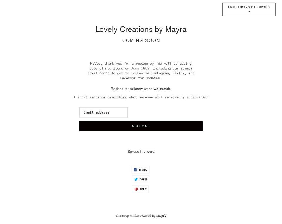 lovelycreationsbymayra.com shopify website screenshot