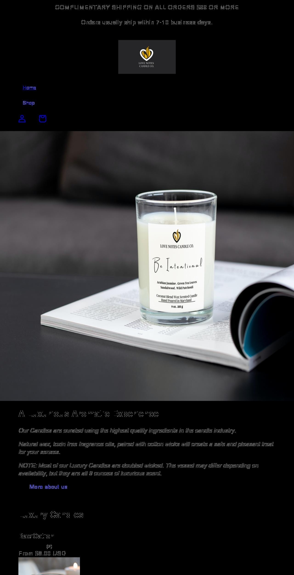 lovenotescandleco.com shopify website screenshot