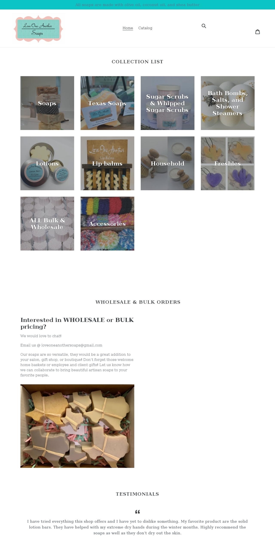 loveoneanothersoaps.com shopify website screenshot