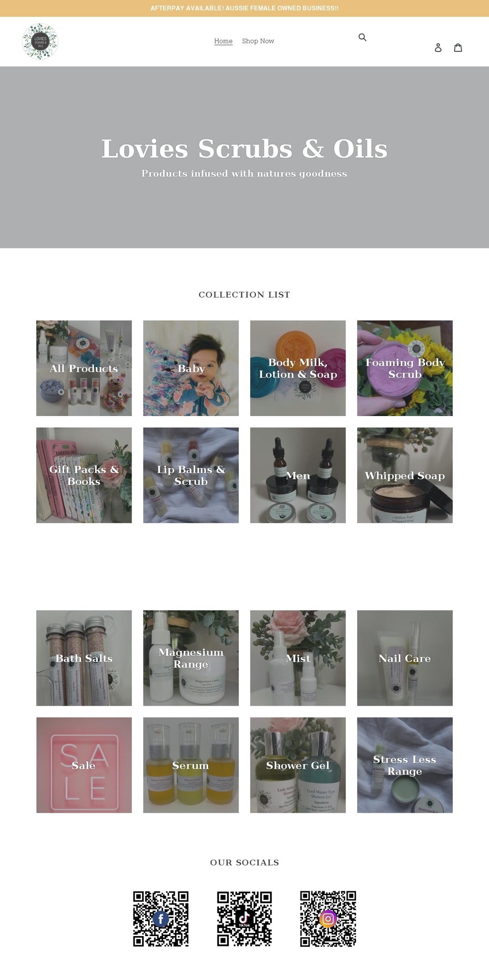 loviesscrubsandoils.com shopify website screenshot