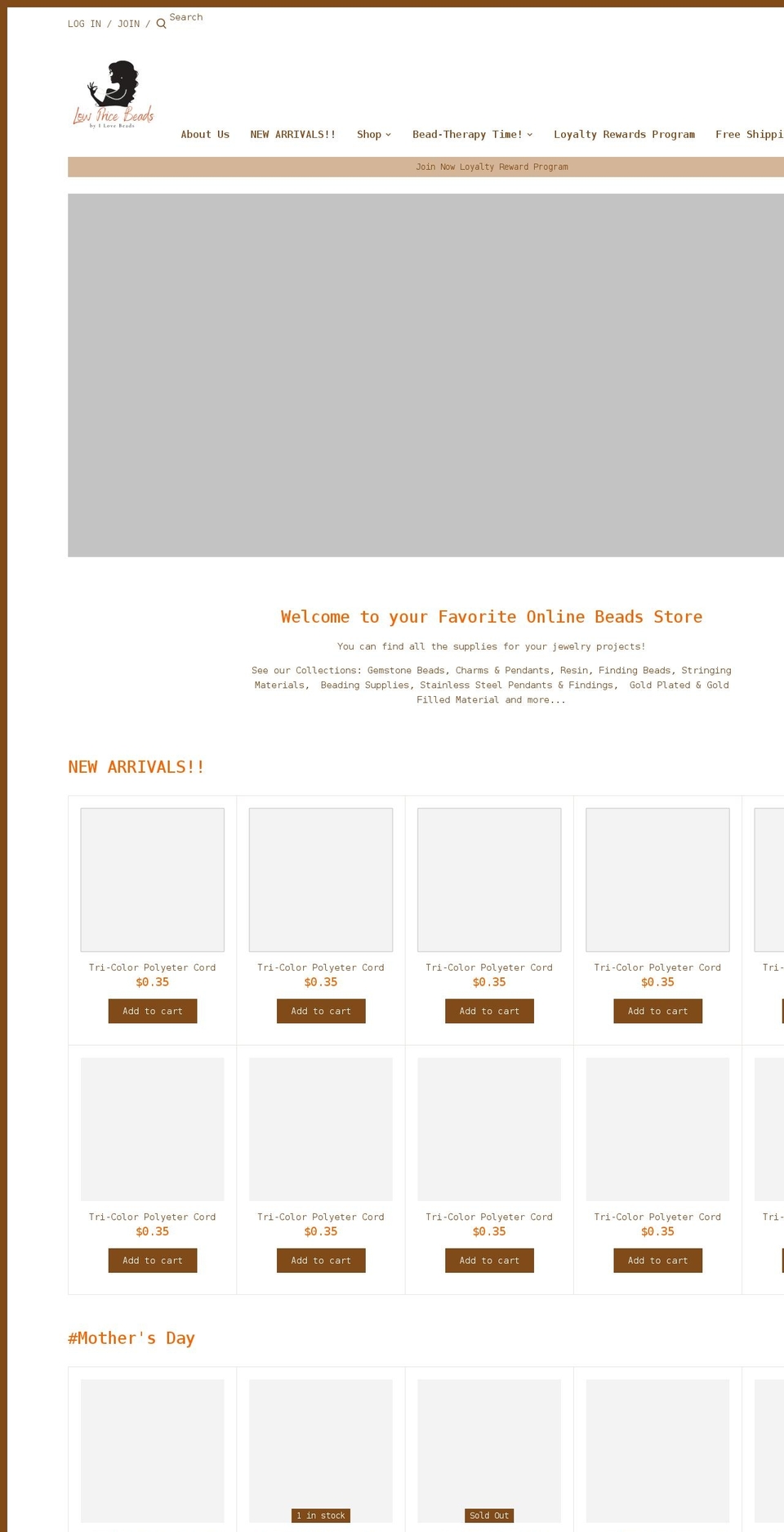 lowpricebeads.com — Shopify storefront screenshot