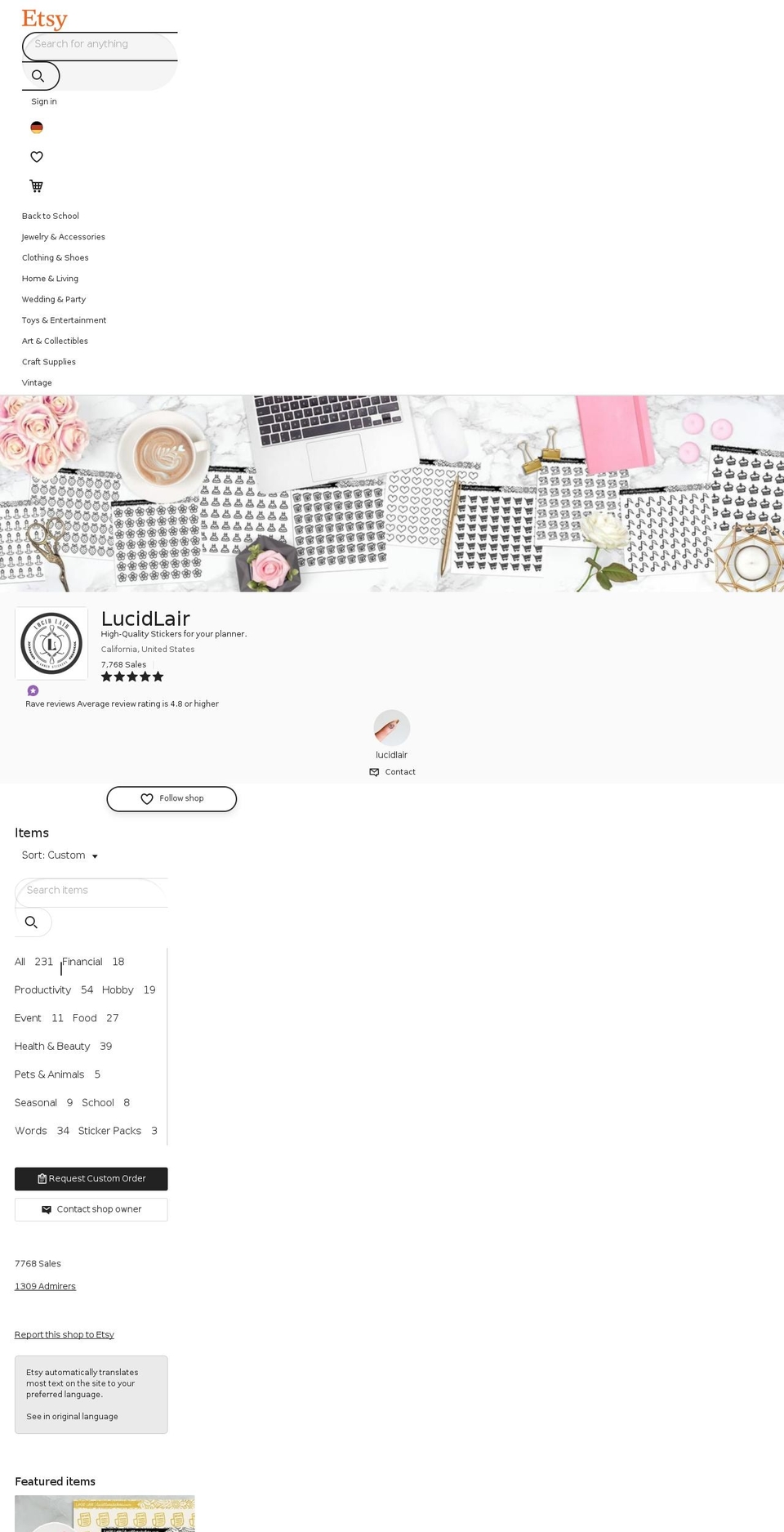 lucidlairstickers.com — Shopify storefront screenshot
