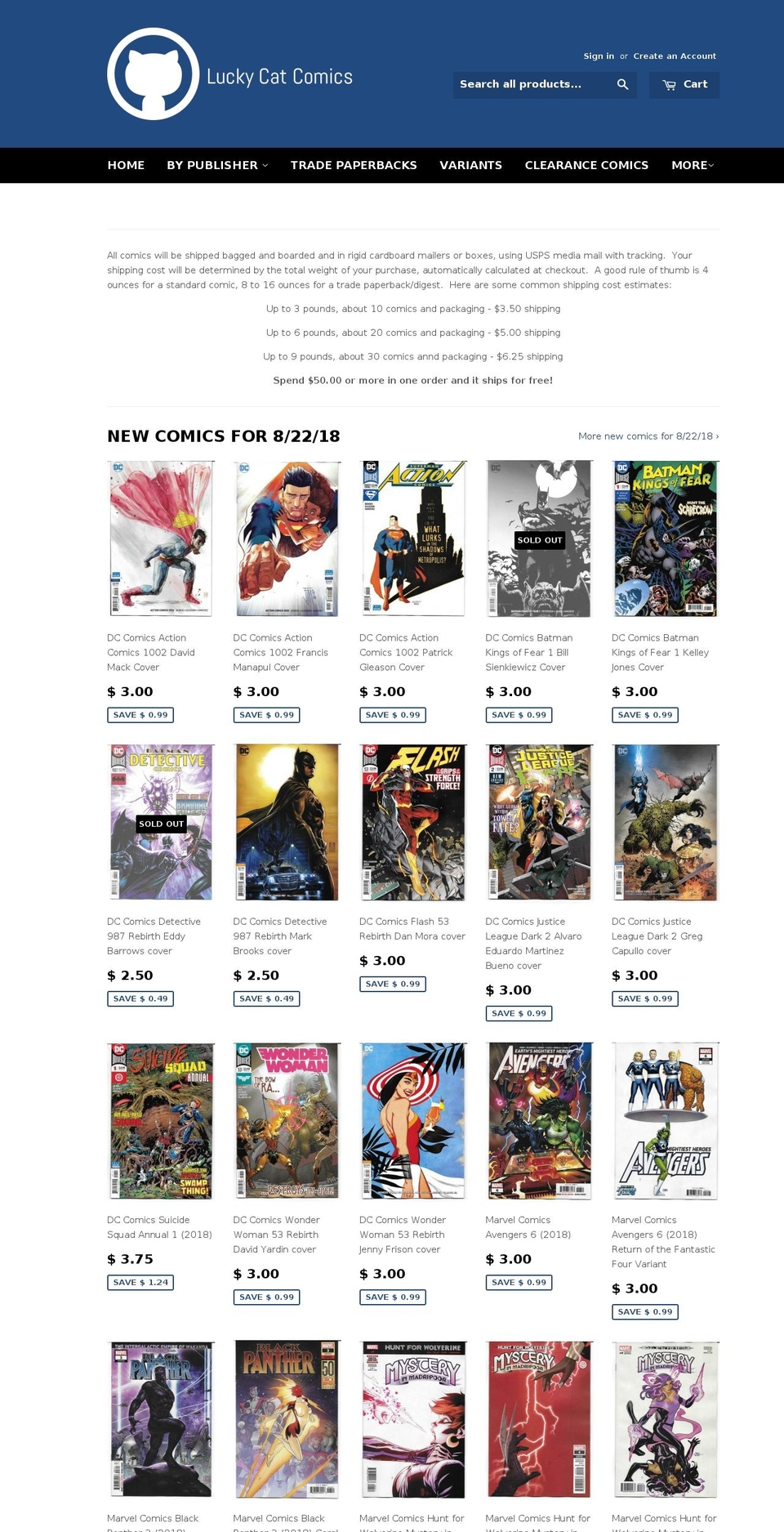 luckycatcomicbooks.com shopify website screenshot