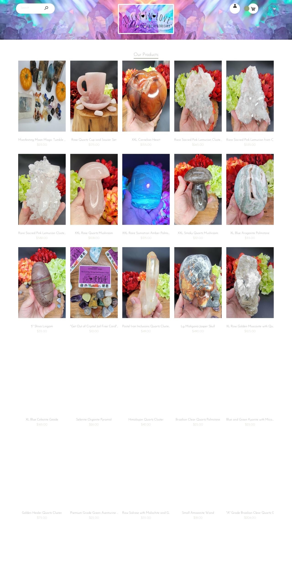 luckyinlovecrystals.com shopify website screenshot