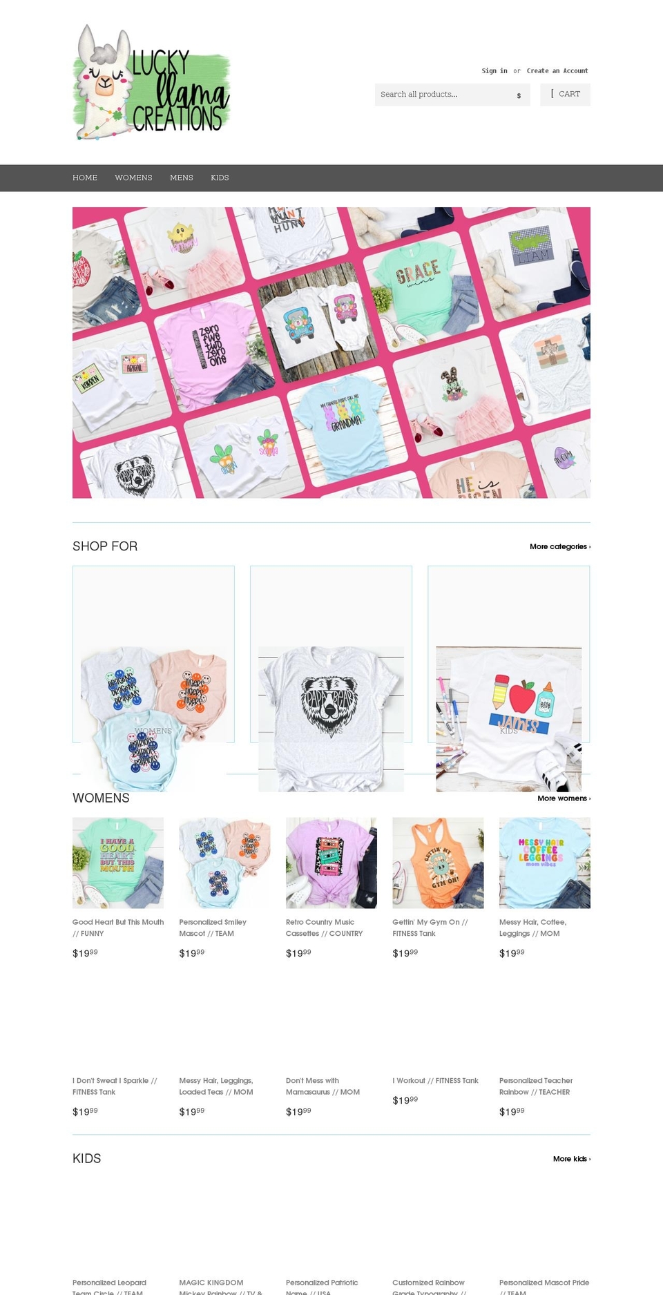 luckyllamacreations.com shopify website screenshot