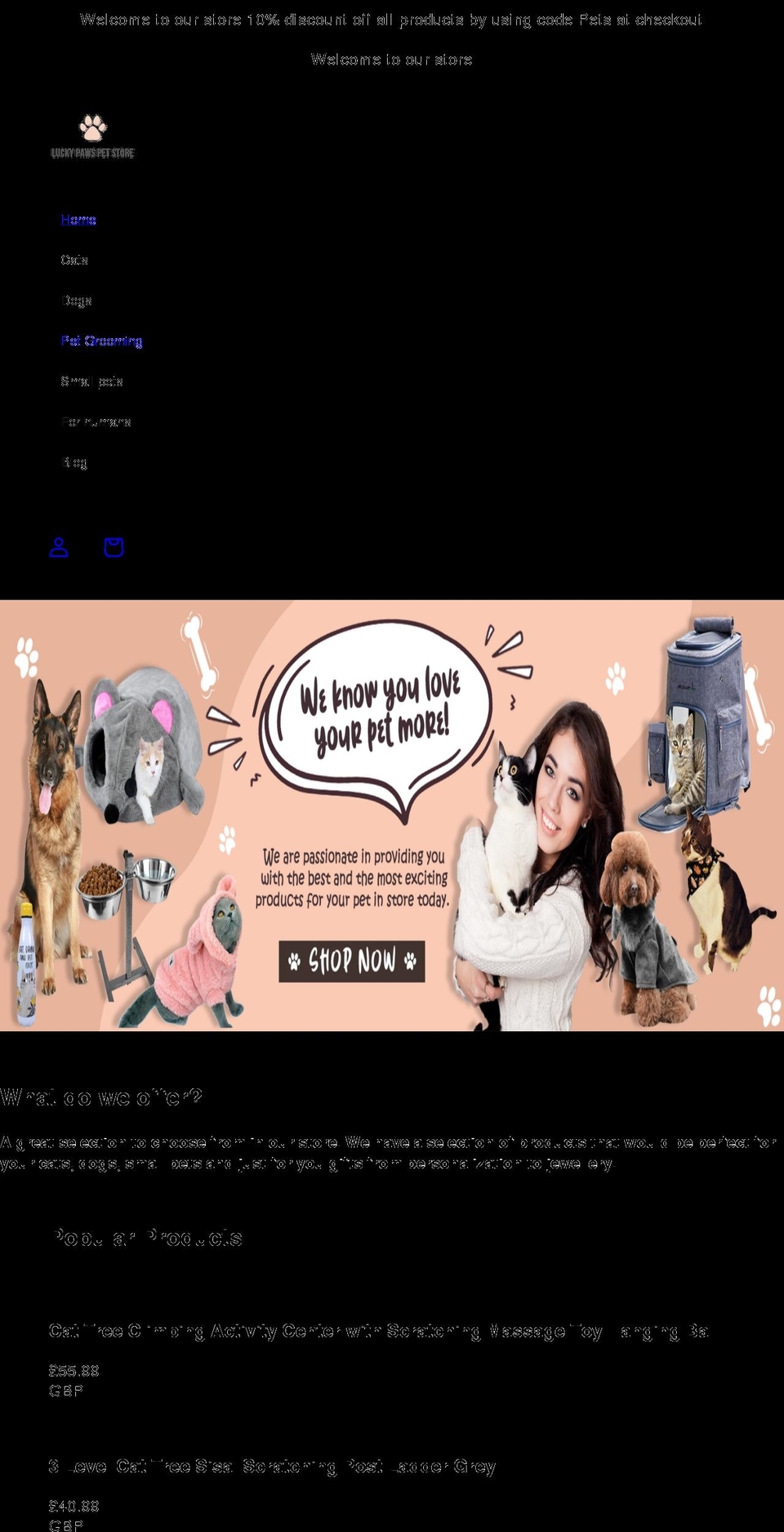 luckypawspetstore.com shopify website screenshot