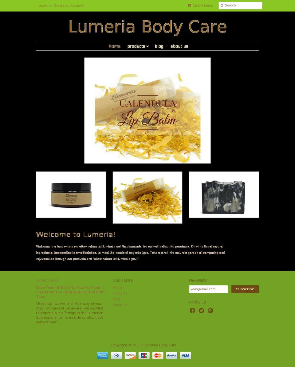 lumeriabodycare.com shopify website screenshot