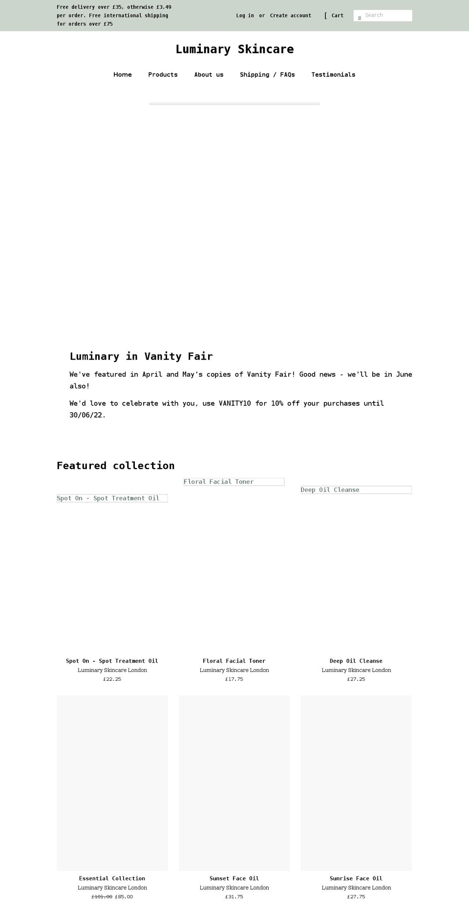 luminary-skincare.com shopify website screenshot
